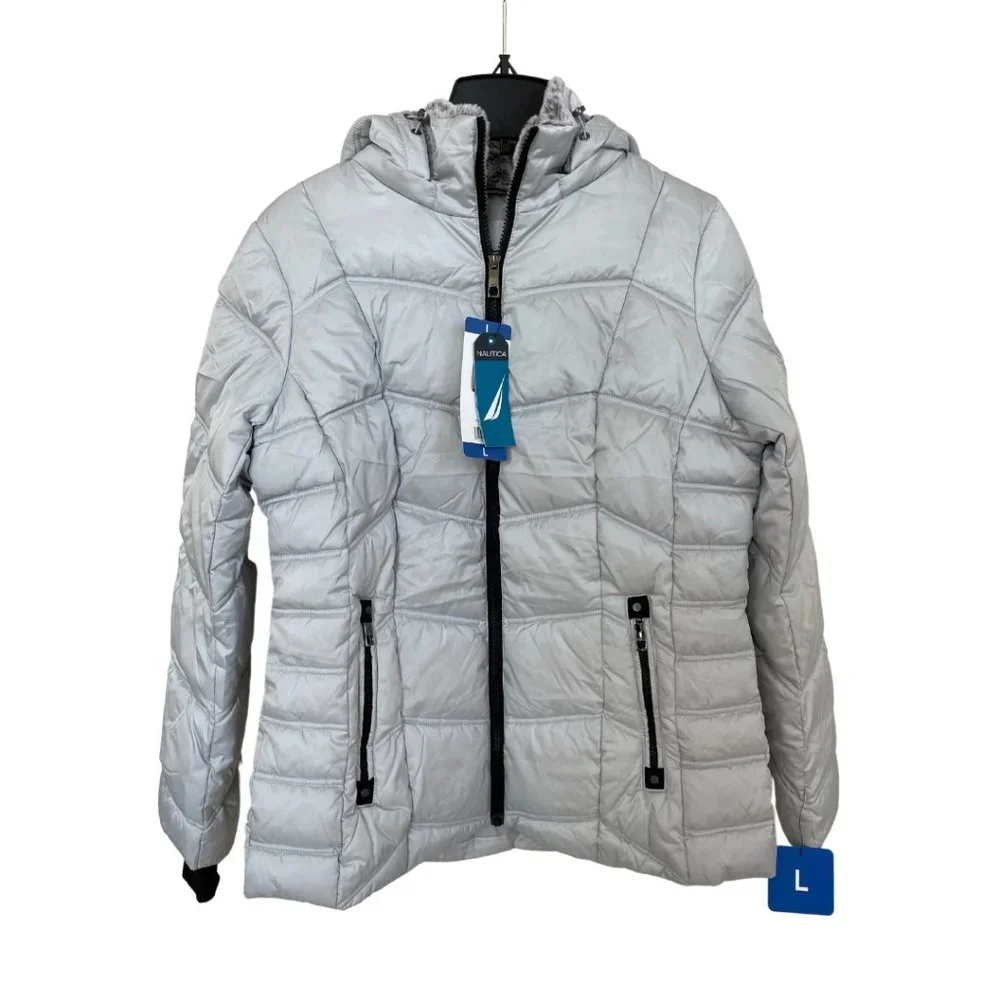 NAUTICA || Women's Gray Silver Removable Hooded Fur Trim Puffer Jacket - Size L - Picture 2 of 10